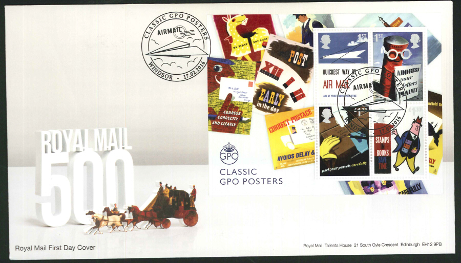 2016 - Royal Mail 500 Years First Day Cover Mini Sheet - Classic GPO Posters Windsor Postmark
